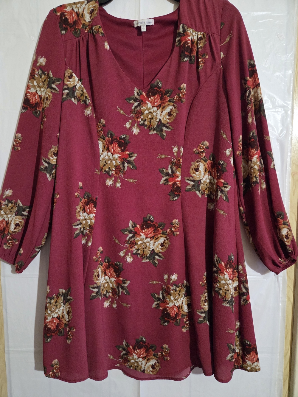 Charlotte Russe Burgundy Floral V-Neck Long Sleeve Dress